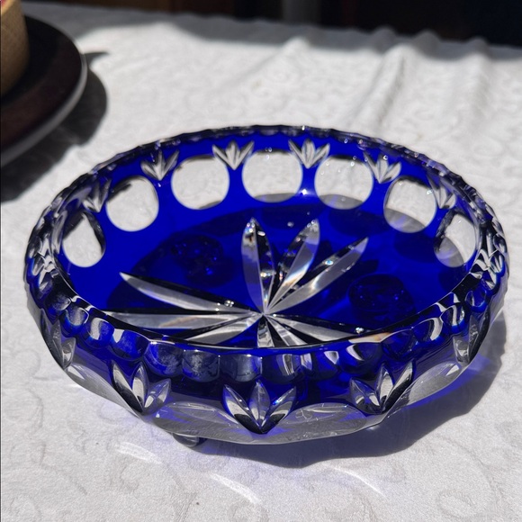 Other - Vintage Cobalt Blue Cut Glass Decorative Bowl - Home Art 8” width , 3” tall